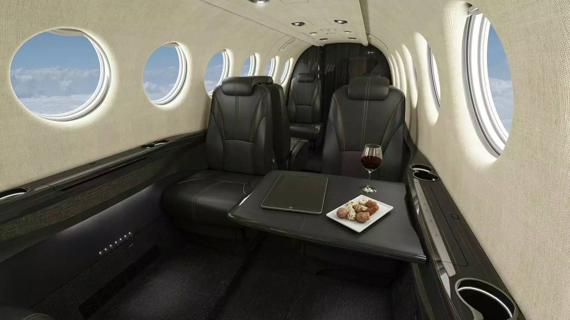 Beechcraft King Air 360 interior cabin with breakfast