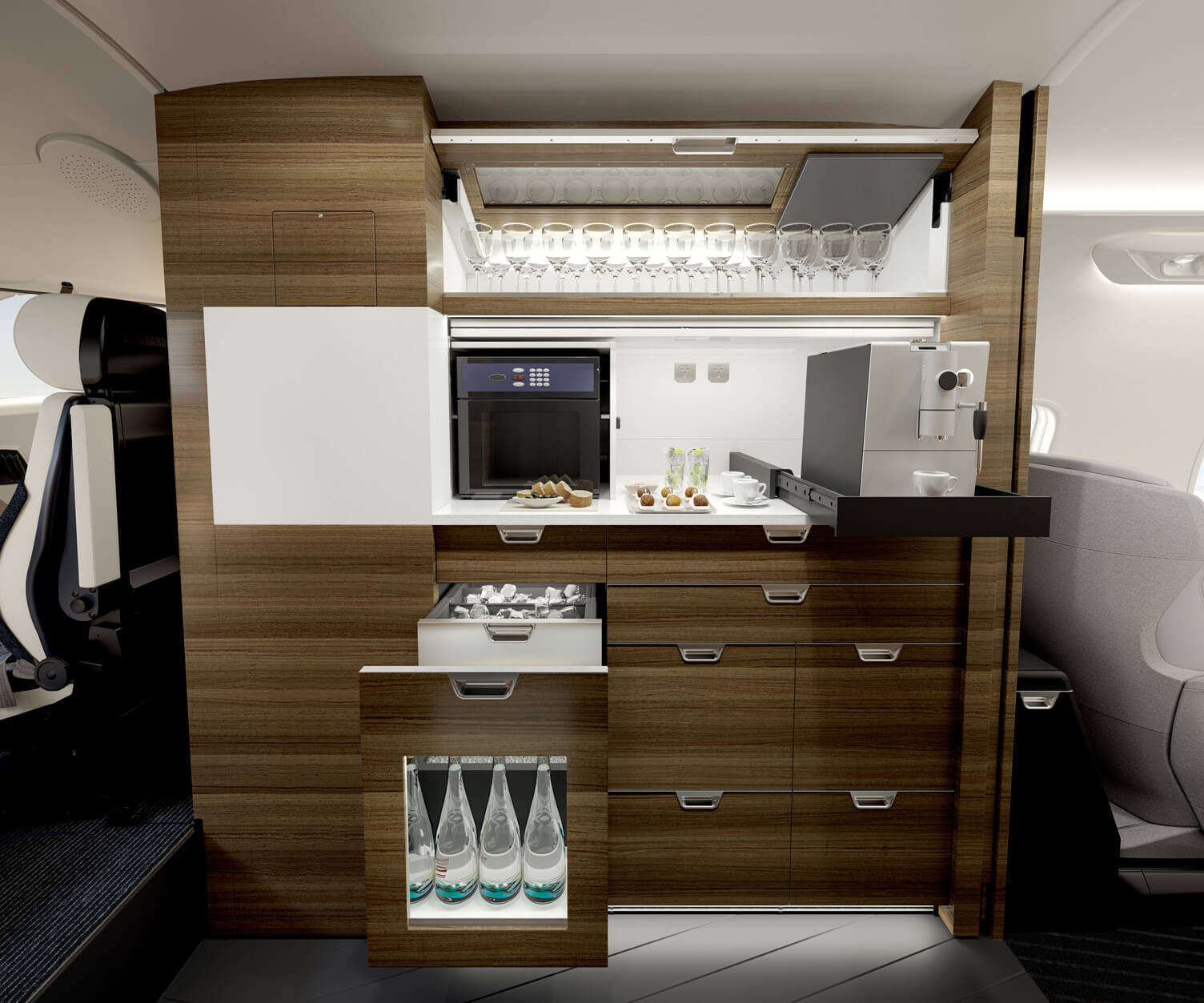 Bombardier Challenger 3500 Interior galley with snacks