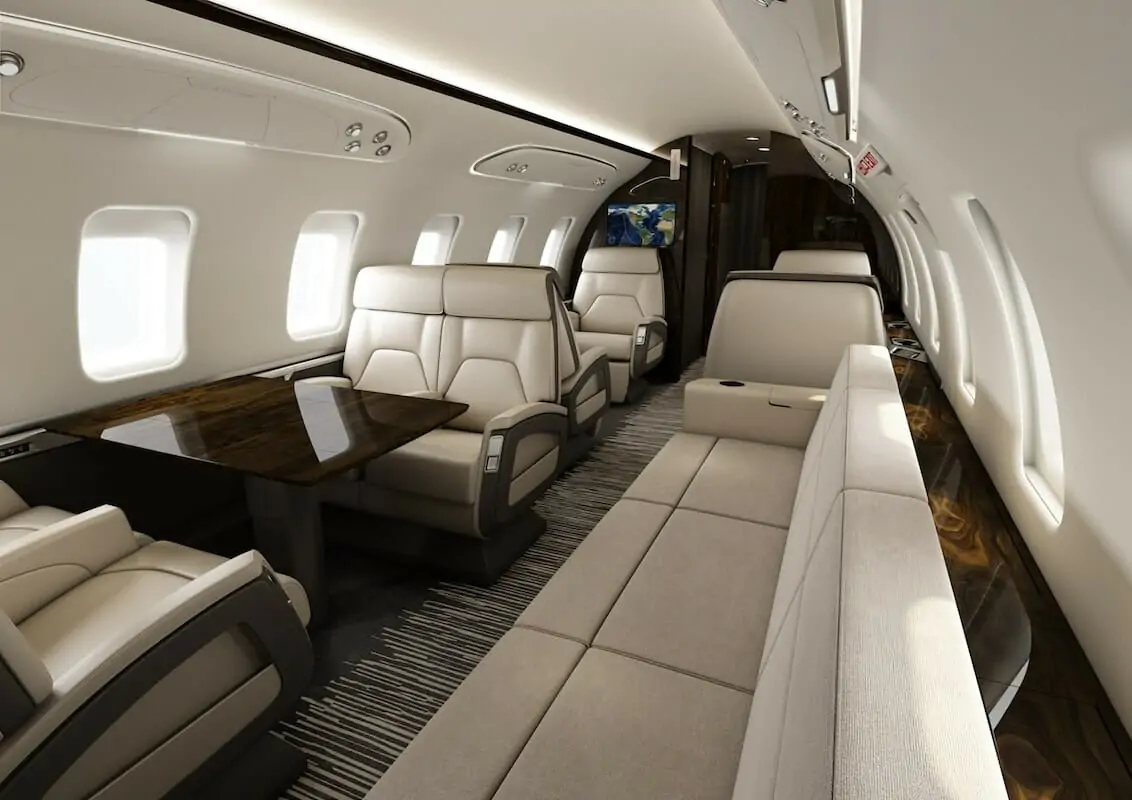 Bombardier Challenger 650 Interior, cream leather divan, club seats and conference area