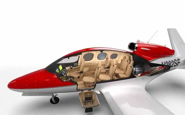 Cirrus Vision Jet SF50 seção transversal do perfil lateral mostrando a configuração de sete assentos