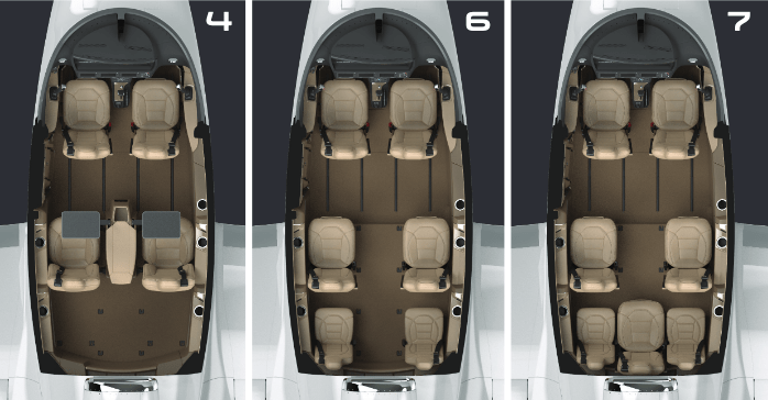 Fülkekonfigurációk a Cirrus Vision Jet SF50 kabinhoz – fentről lefelé három konfiguráció áll rendelkezésre