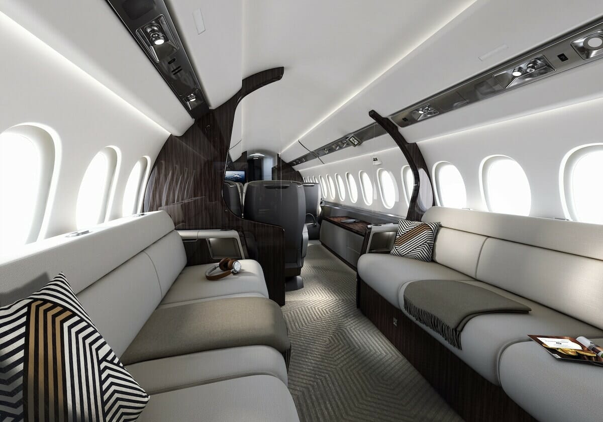 Falcon 6X rear cabin view with sofas