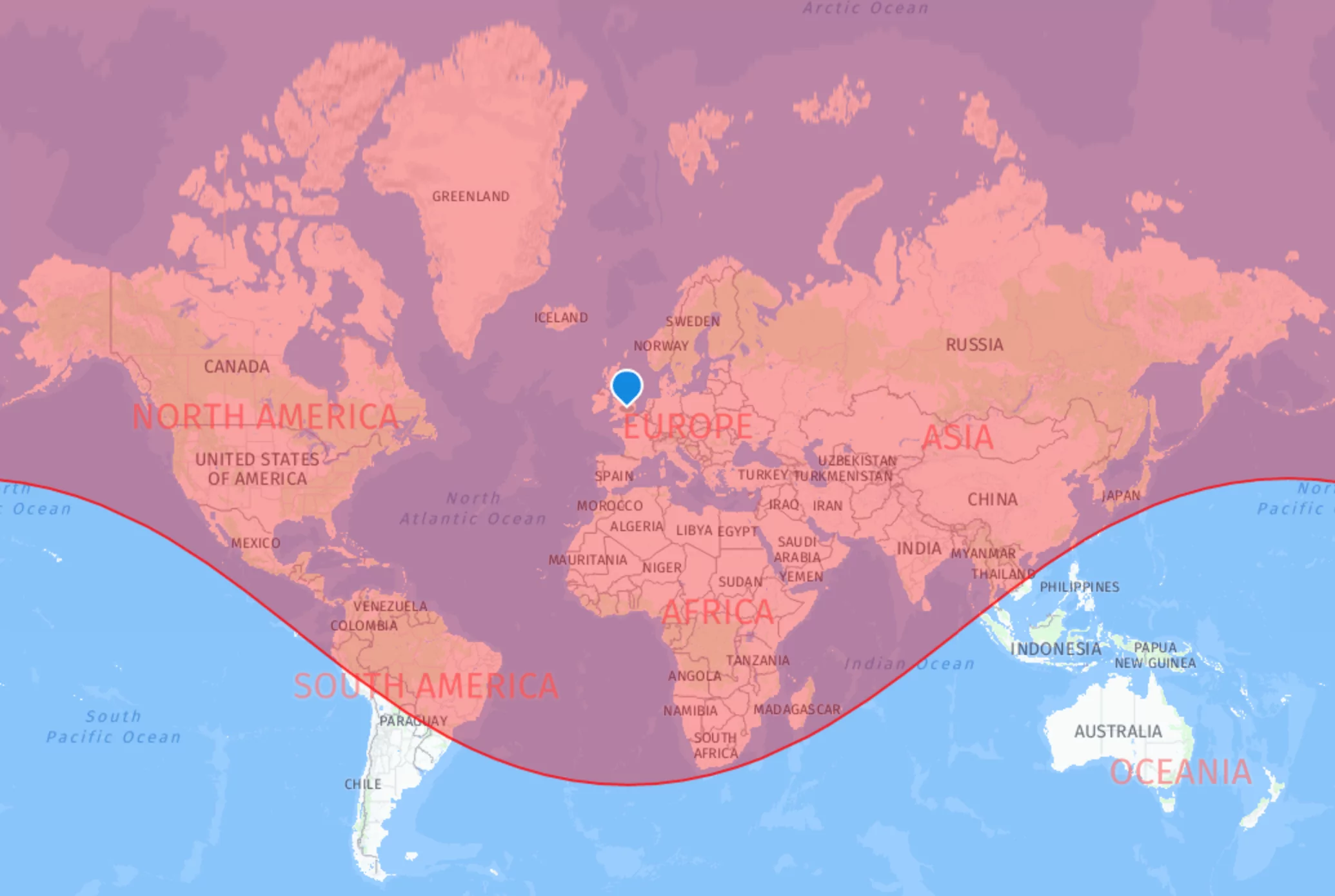 Dassault Falcon 7X Range Map with london as the origin city - range of 5950 nautical miles
