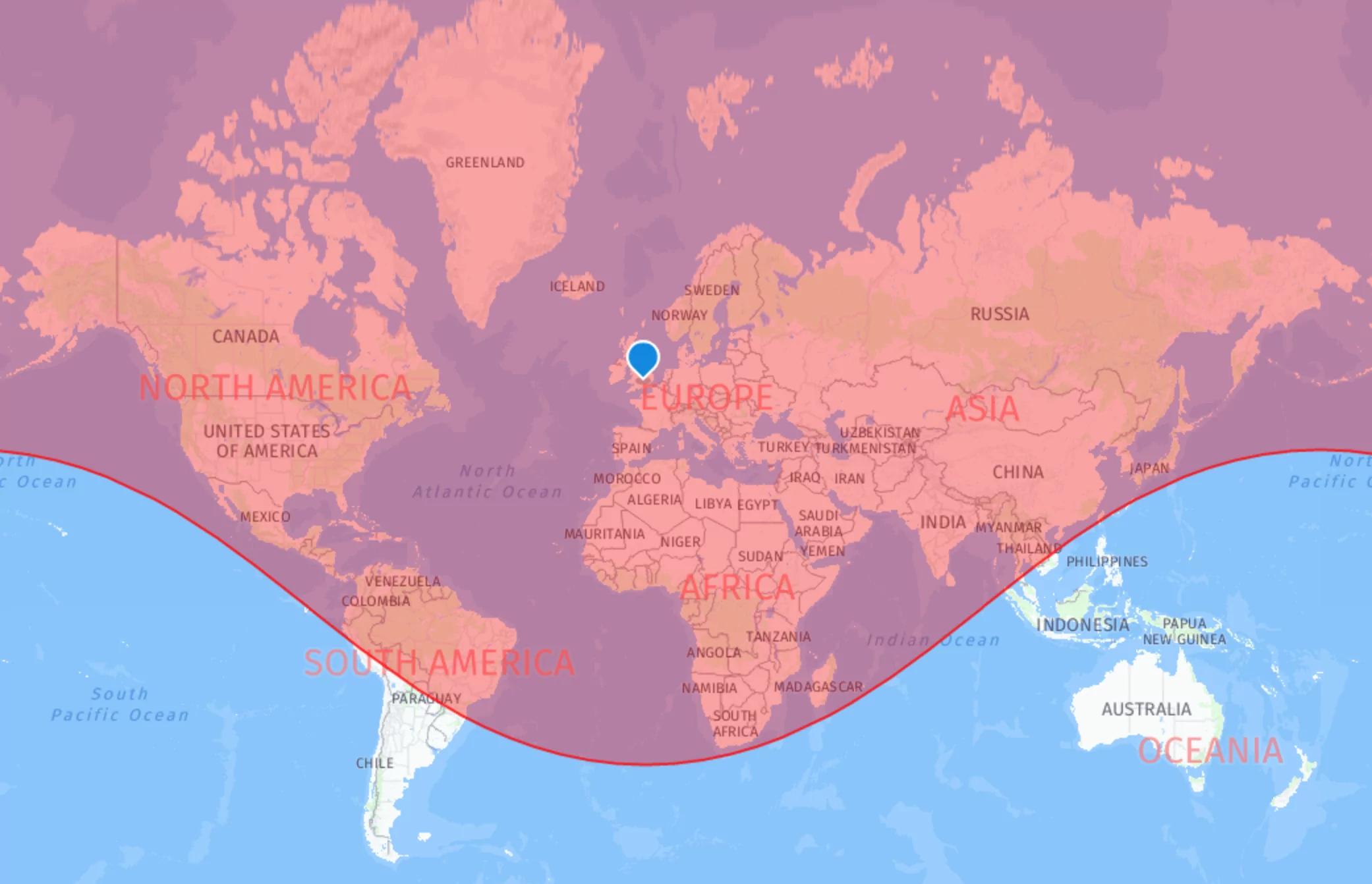 Dassault Falcon 8X range map with london as the origin city - range of 6450 nautical miles