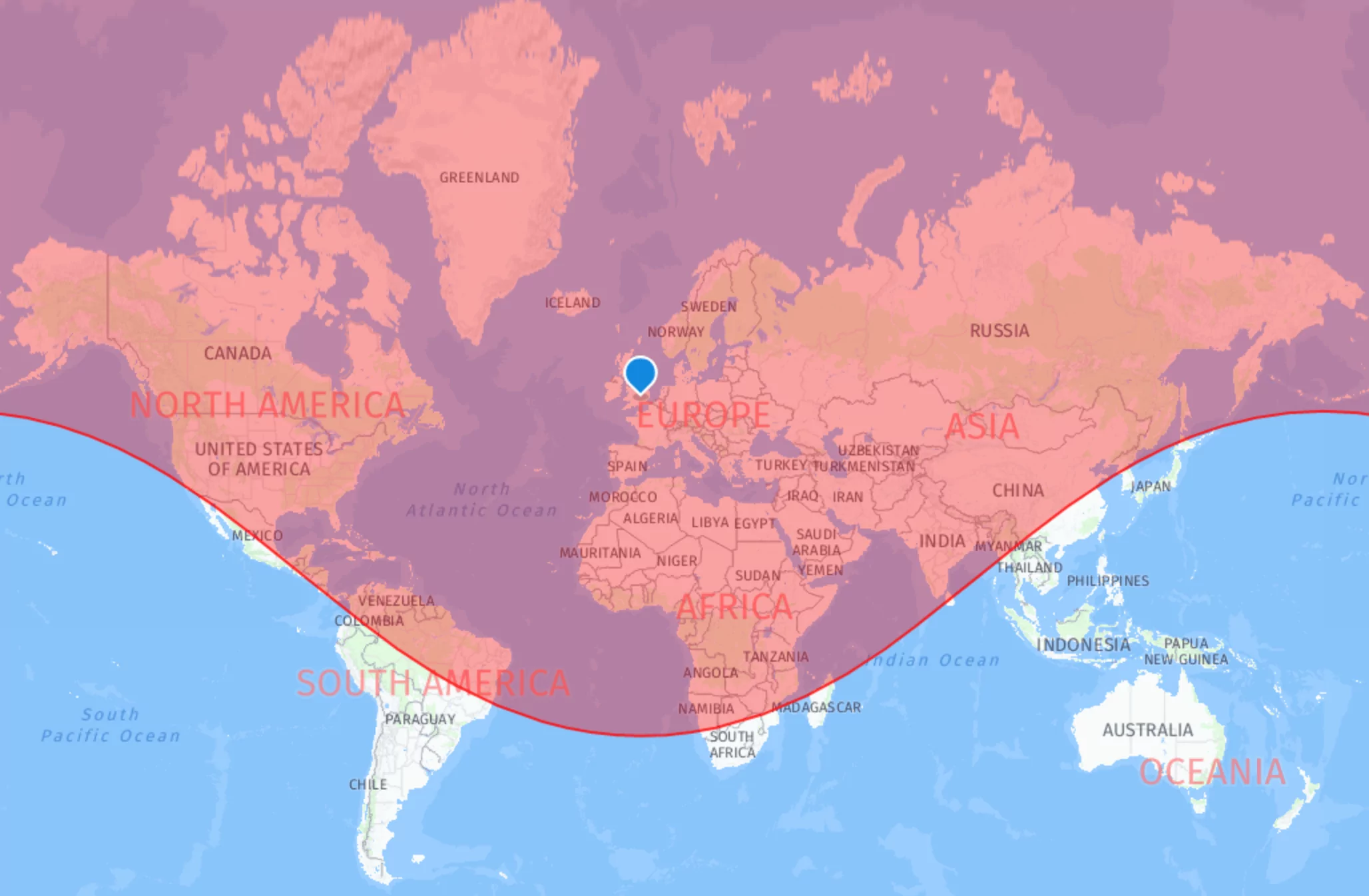 Dassault Falcon 900LX range map with london as the origin city - range of 4750 nautical miles