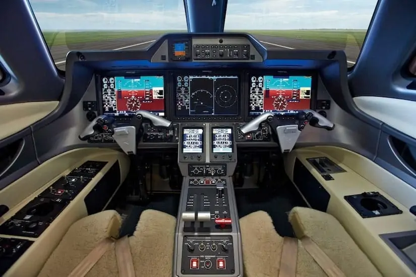 Embraer Phenom 300E Cockpit on runway with all systems and avionics on
