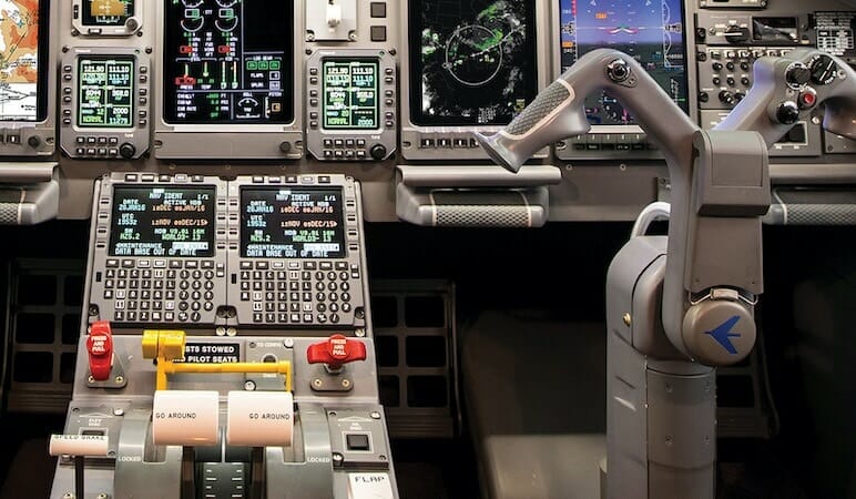 Embraer Legacy 650E Cockpit up close of avionics, yoke and throttle levers