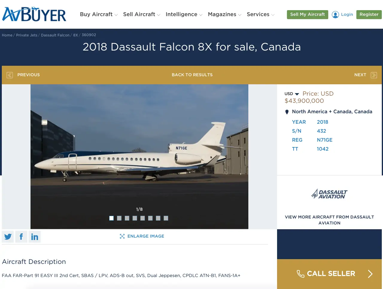 Dassault Falcon 8X për shitje në AVBuyer - blerja e një avioni privat
