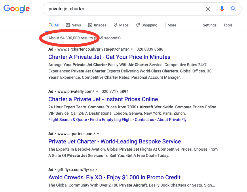 Private jet charter google search results