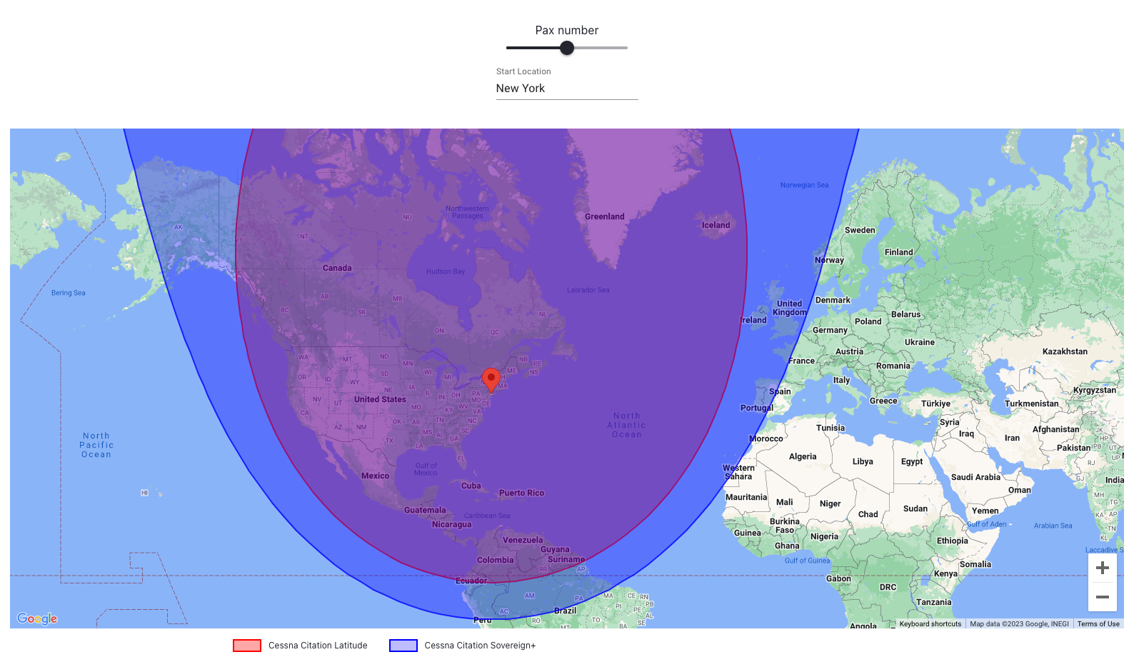 Maximum range of Cessna Citation Latitude and Cessna Citation Sovereign+ from New York with 6 passengers onboard