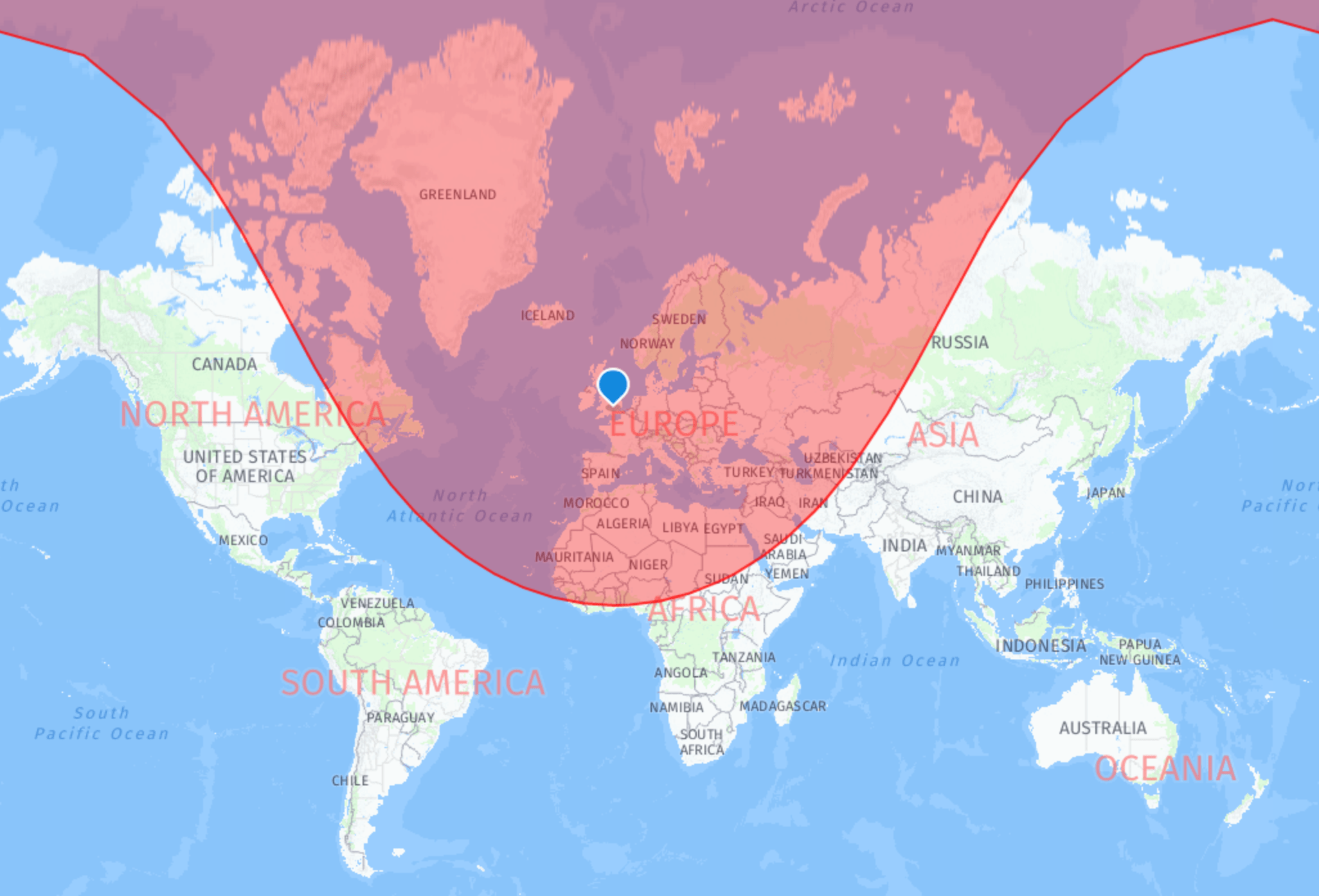 Cessna citation latitude mappa della distanza con Londra come città di origine - raggio di 2700 miglia nautiche